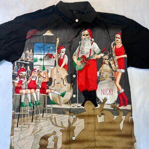 Tori Richards St. Nick Rockabilly Santa Short Sleeve Button Down Shirt Men's XL